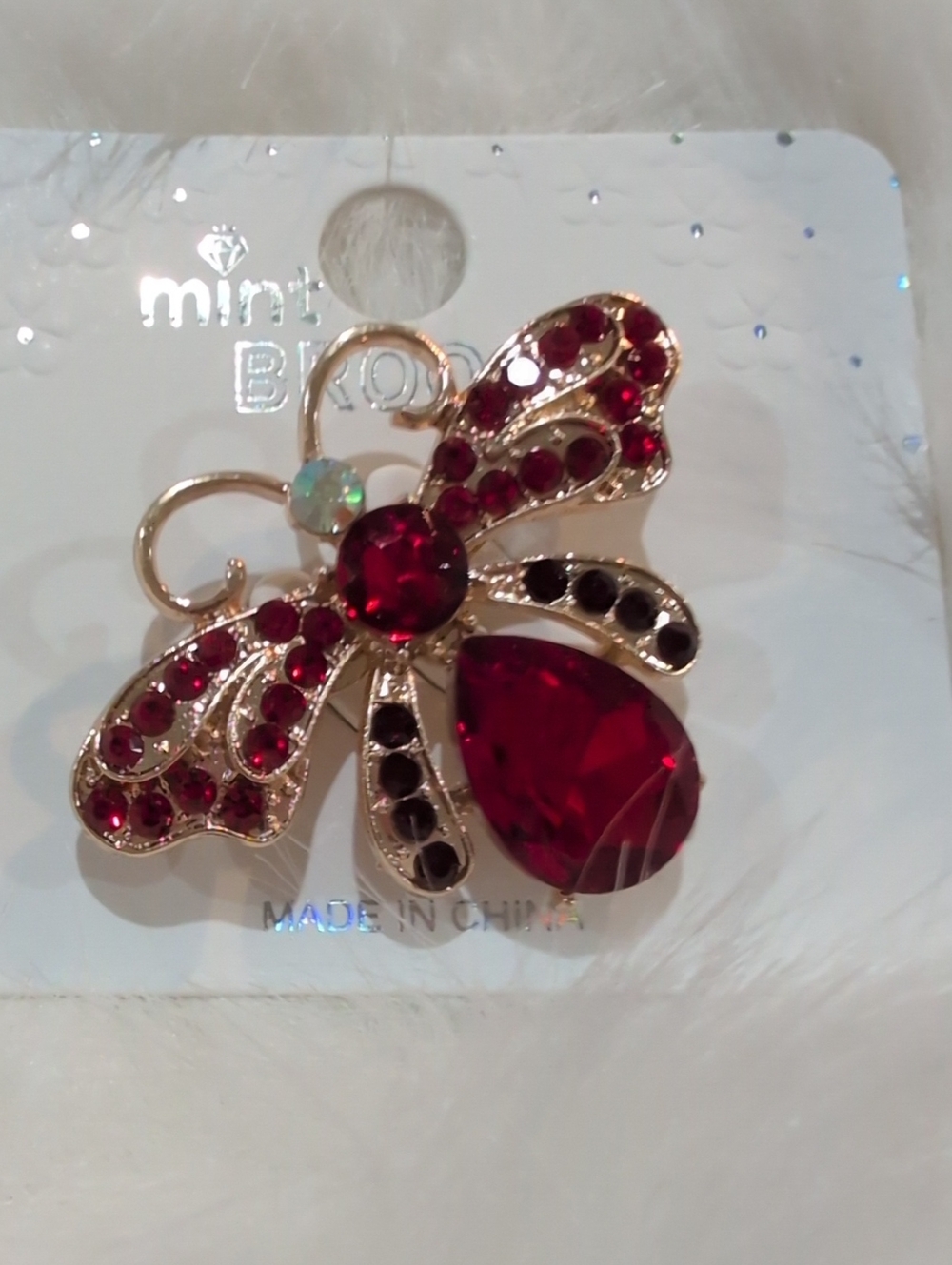 Mint Gold-Tone Bee Brooch with Red Crystals